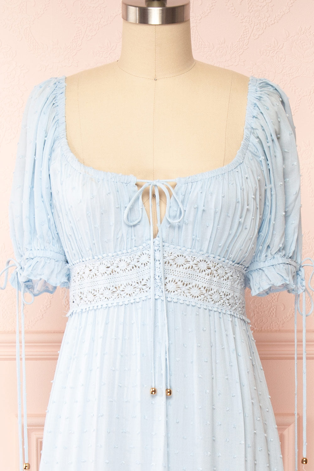 Annatha Short Sleeve Blue Midi Dress | Boutique 1861  front close up