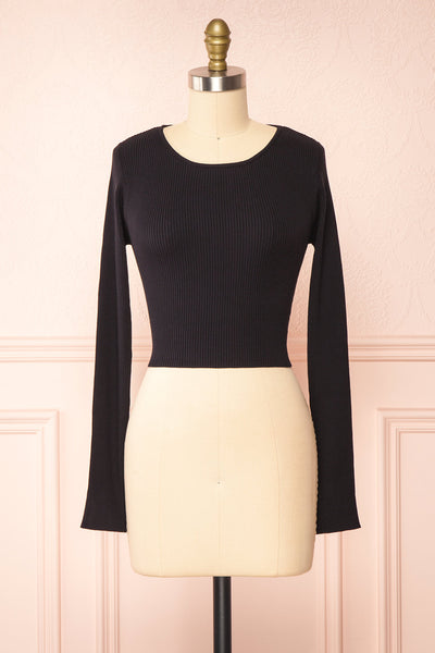 Anny Black Ribbed Long Sleeve Crop Top w/ Open Back | Boutique 1861 front view