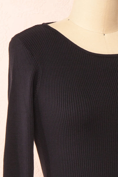 Anny Black Ribbed Long Sleeve Crop Top w/ Open Back | Boutique 1861 side close-up
