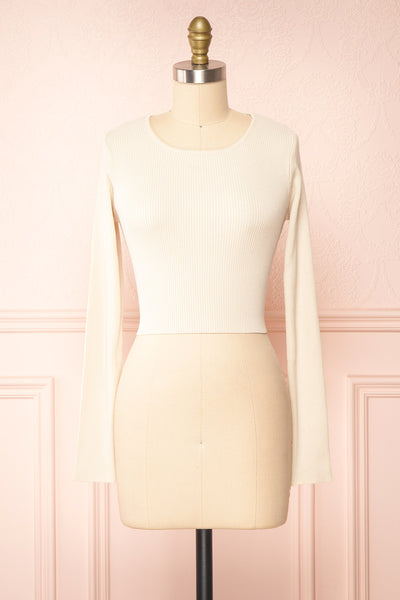 Anny Cream Ribbed Long Sleeve Crop Top w/ Open Back | Boutique 1861 front view