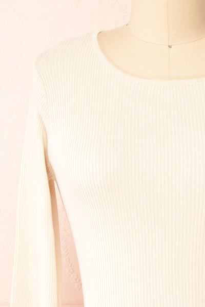 Anny Cream Ribbed Long Sleeve Crop Top w/ Open Back | Boutique 1861 front close-up
