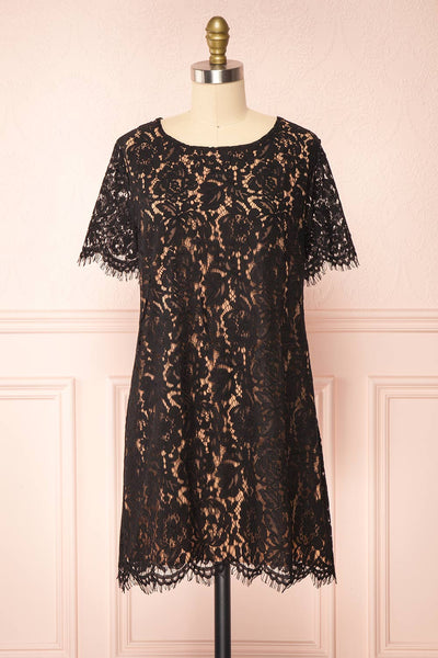 Apama Black Floral Lace Short Sleeve Dress | Boutique 1861