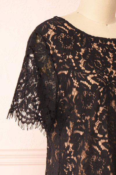 Apama Black Floral Lace Short Sleeve Dress | Boutique 1861 side close-up