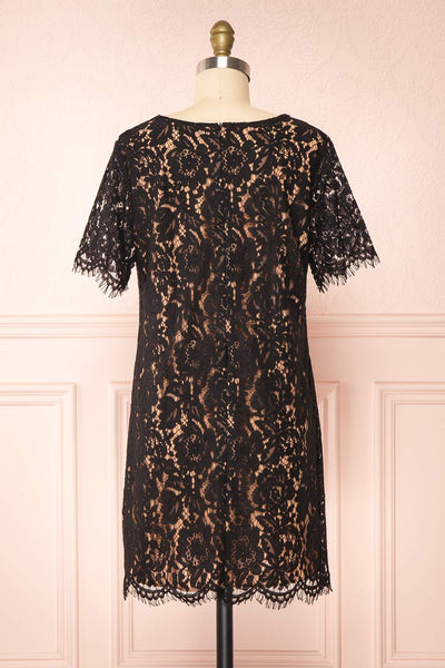 Apama Black Floral Lace Short Sleeve Dress | Boutique 1861 back view