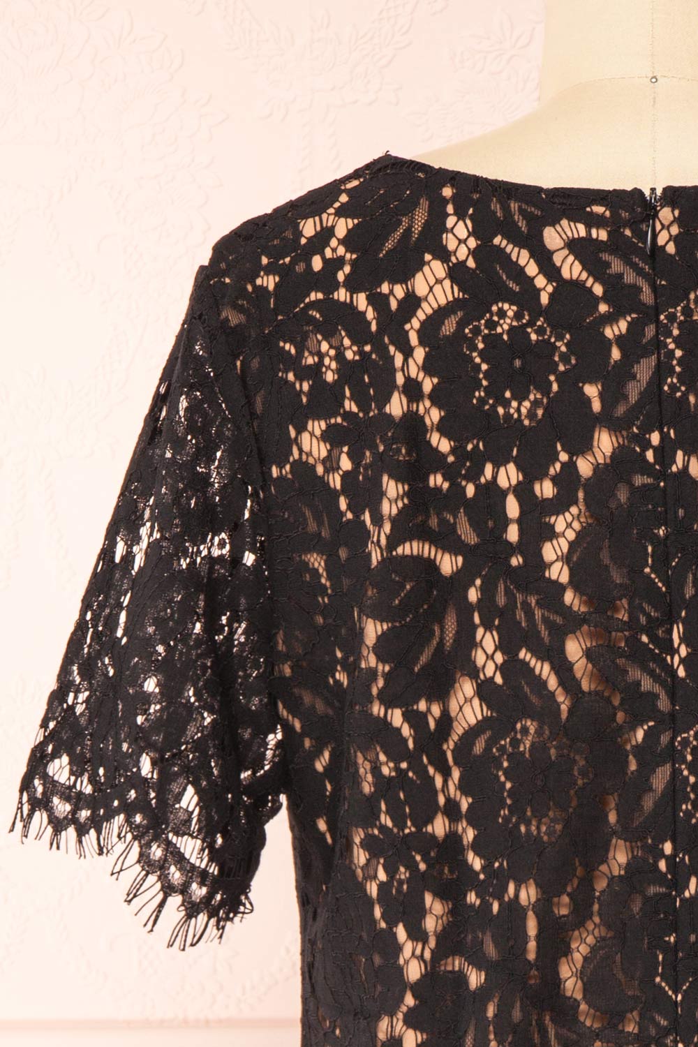 Apama Black Floral Lace Short Sleeve Dress | Boutique 1861 back close-up