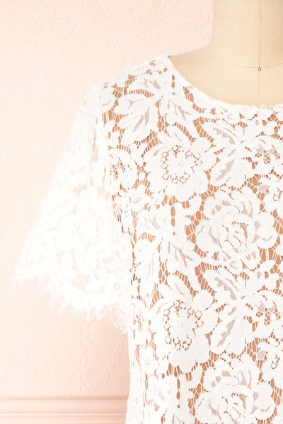 Apama White Floral Lace Short Sleeve Dress | Boutique 1861 front close-up