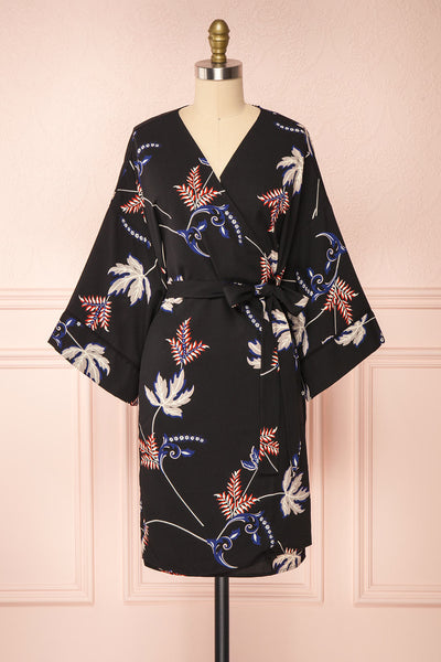 Apatity Black Floral Short Wrap Dress | Boutique 1861 front view