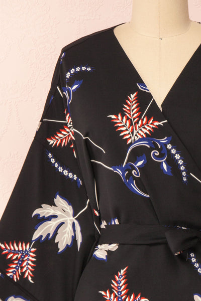 Apatity Black Floral Short Wrap Dress | Boutique 1861 front close-up