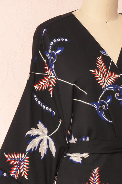 Apatity Black Floral Short Wrap Dress | Boutique 1861 side close-up