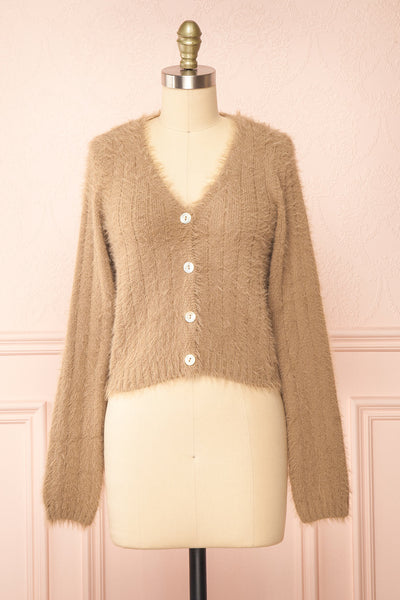 Apini Taupe Fuzzy Cropped Cardigan | Boutique 1861 front view