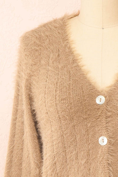 Apini Taupe Fuzzy Cropped Cardigan | Boutique 1861 front close-up