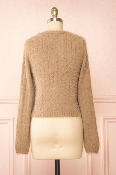 Apini Taupe Fuzzy Cropped Cardigan | Boutique 1861 back close-up