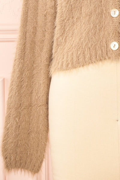 Apini Taupe Fuzzy Cropped Cardigan | Boutique 1861 sleeve