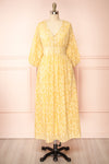 Archee Leaf Pattern Yellow Midi Dress w/ 3/4 Sleeves | Boutique 1861 front view