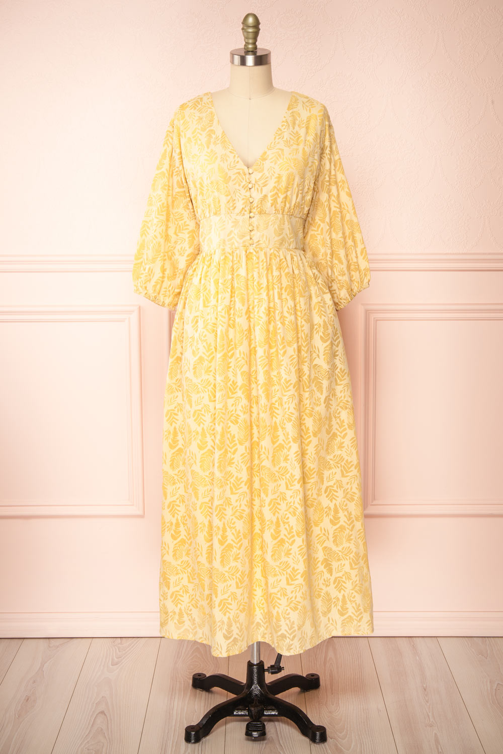 Archee | Leaf Pattern Yellow Midi Dress w/ 3/4 Sleeves