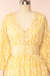 Archee Leaf Pattern Yellow Midi Dress w/ 3/4 Sleeves | Boutique 1861 front close up