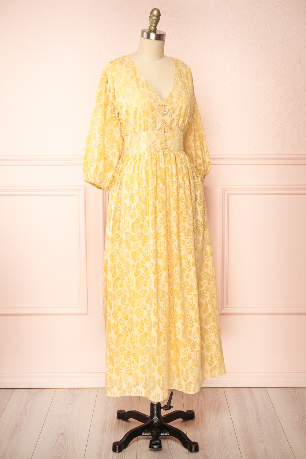 Archee Leaf Pattern Yellow Midi Dress w/ 3/4 Sleeves | Boutique 1861 side view