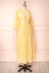 Archee Leaf Pattern Yellow Midi Dress w/ 3/4 Sleeves | Boutique 1861 side view