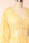 Archee Leaf Pattern Yellow Midi Dress w/ 3/4 Sleeves | Boutique 1861 side close up