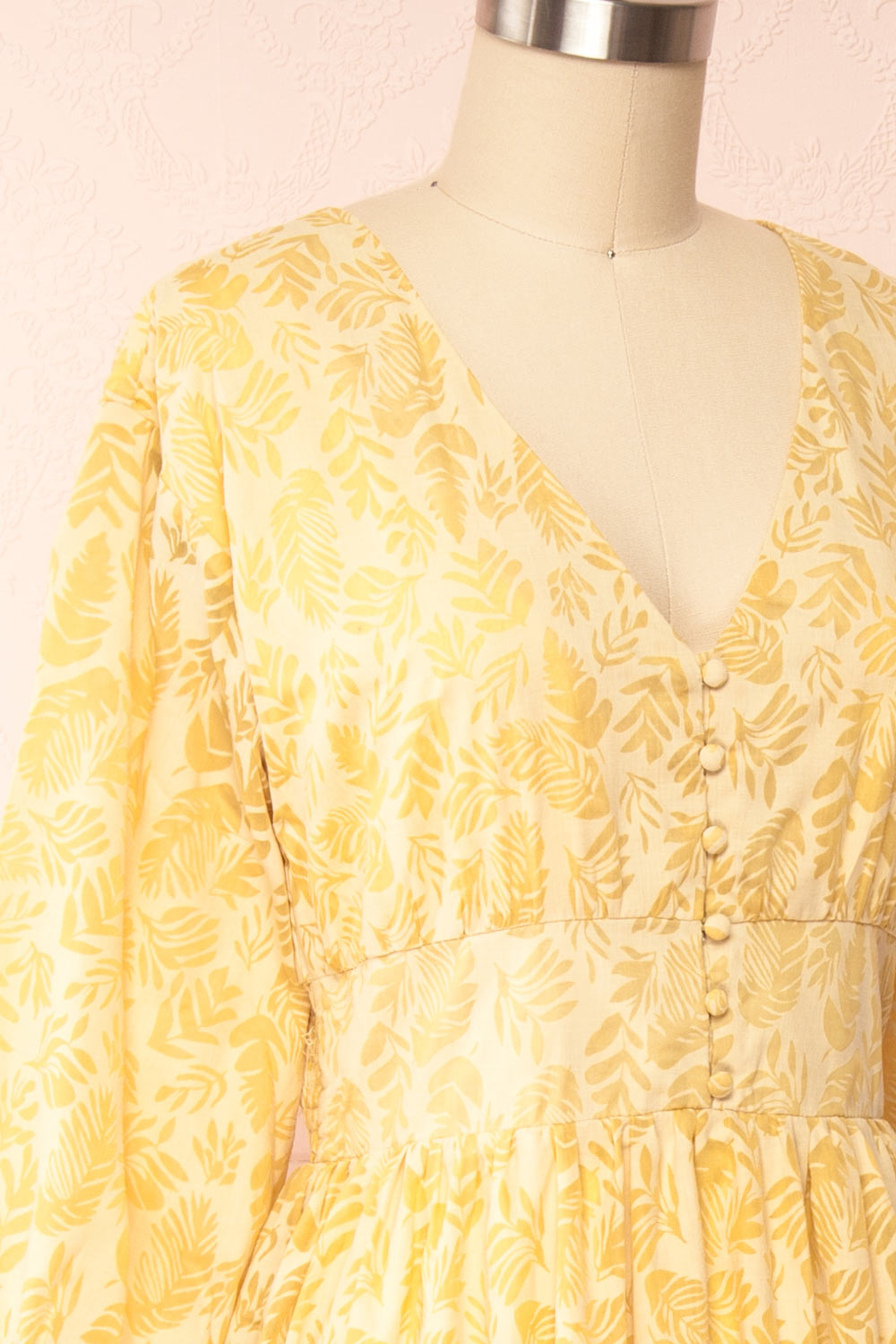 Archee | Leaf Pattern Yellow Midi Dress w/ 3/4 Sleeves