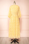 Archee Leaf Pattern Yellow Midi Dress w/ 3/4 Sleeves | Boutique 1861back view