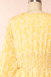 Archee Leaf Pattern Yellow Midi Dress w/ 3/4 Sleeves | Boutique 1861back close up