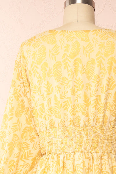 Archee Leaf Pattern Yellow Midi Dress w/ 3/4 Sleeves | Boutique 1861back close up