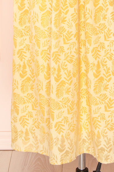 Archee Leaf Pattern Yellow Midi Dress w/ 3/4 Sleeves | Boutique 1861 details