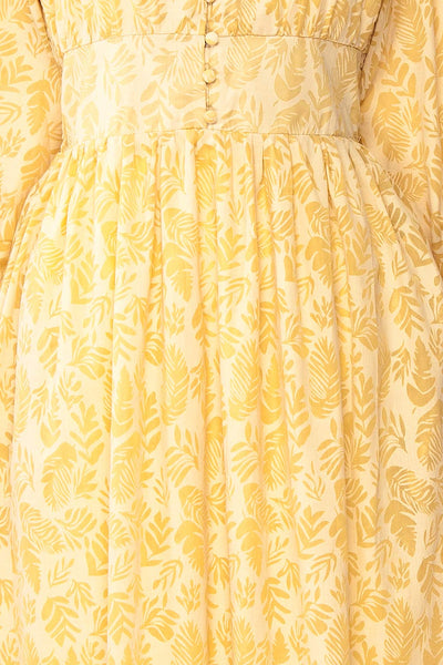 Archee Leaf Pattern Yellow Midi Dress w/ 3/4 Sleeves | Boutique 1861 fabric