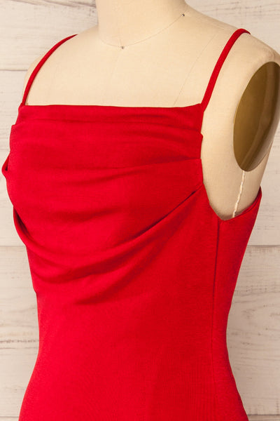 Ardoz Red Shimmery Midi Dress w/ Cowl Neck | La petite garçonne side close-up