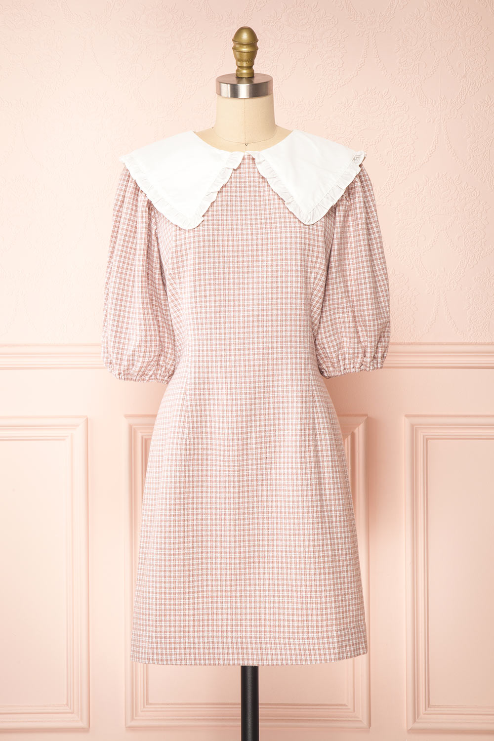 Arianne Pink & White Puffy Sleeve Gingham Short Dress | Boutique 1861 front view 