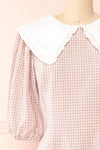 Arianne Pink & White Puffy Sleeve Gingham Short Dress | Boutique 1861 front close-up