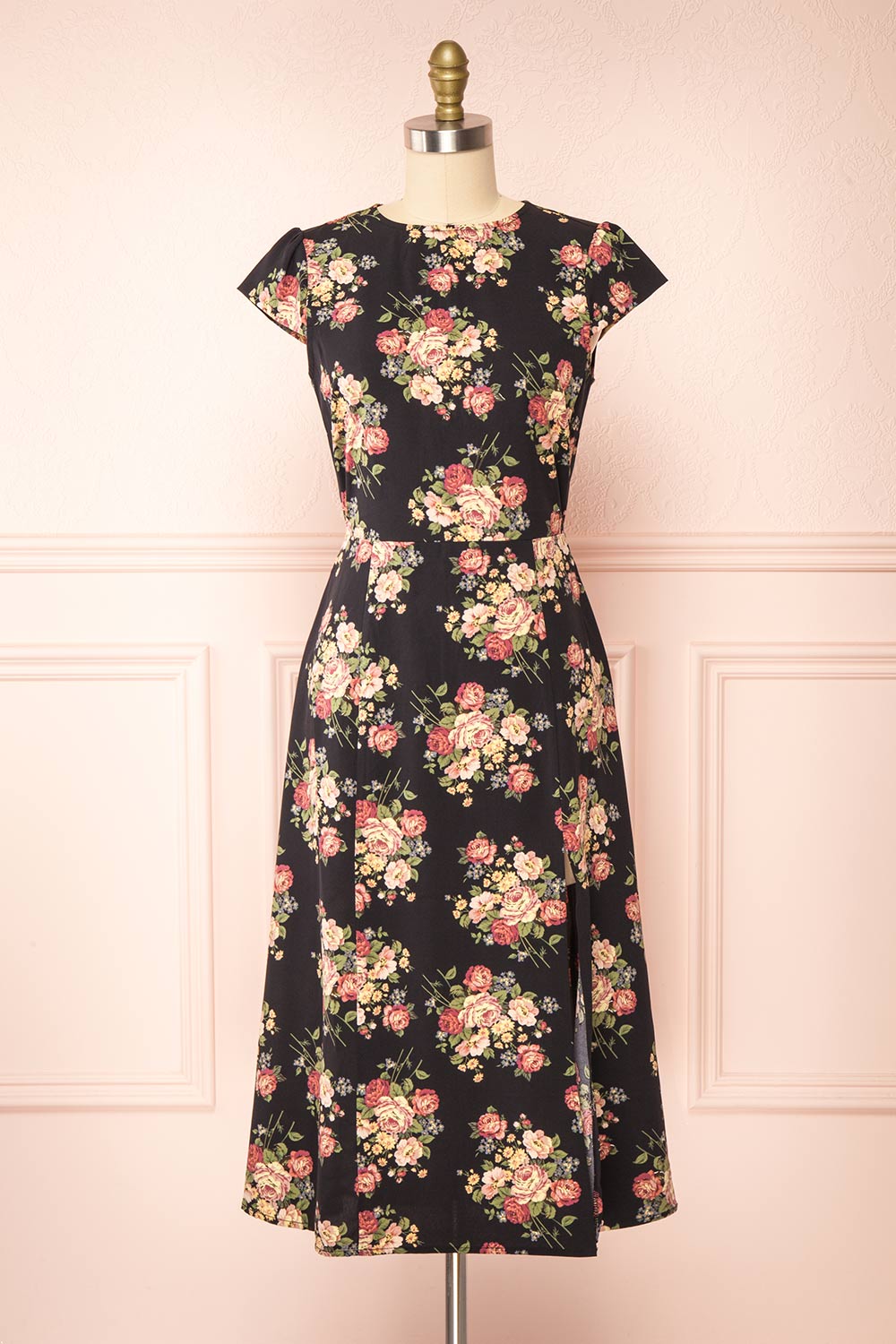 Armal Black Floral A-Line Midi Dress w/ Open Back | Boutique 1861 front view