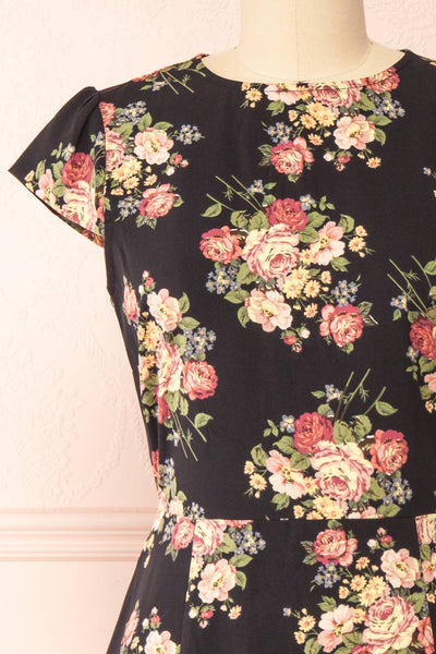 Armal Black Floral A-Line Midi Dress w/ Open Back | Boutique 1861 front close-up