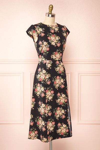 Armal Black Floral A-Line Midi Dress w/ Open Back | Boutique 1861 side view