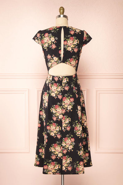 Armal Black Floral A-Line Midi Dress w/ Open Back | Boutique 1861 back view