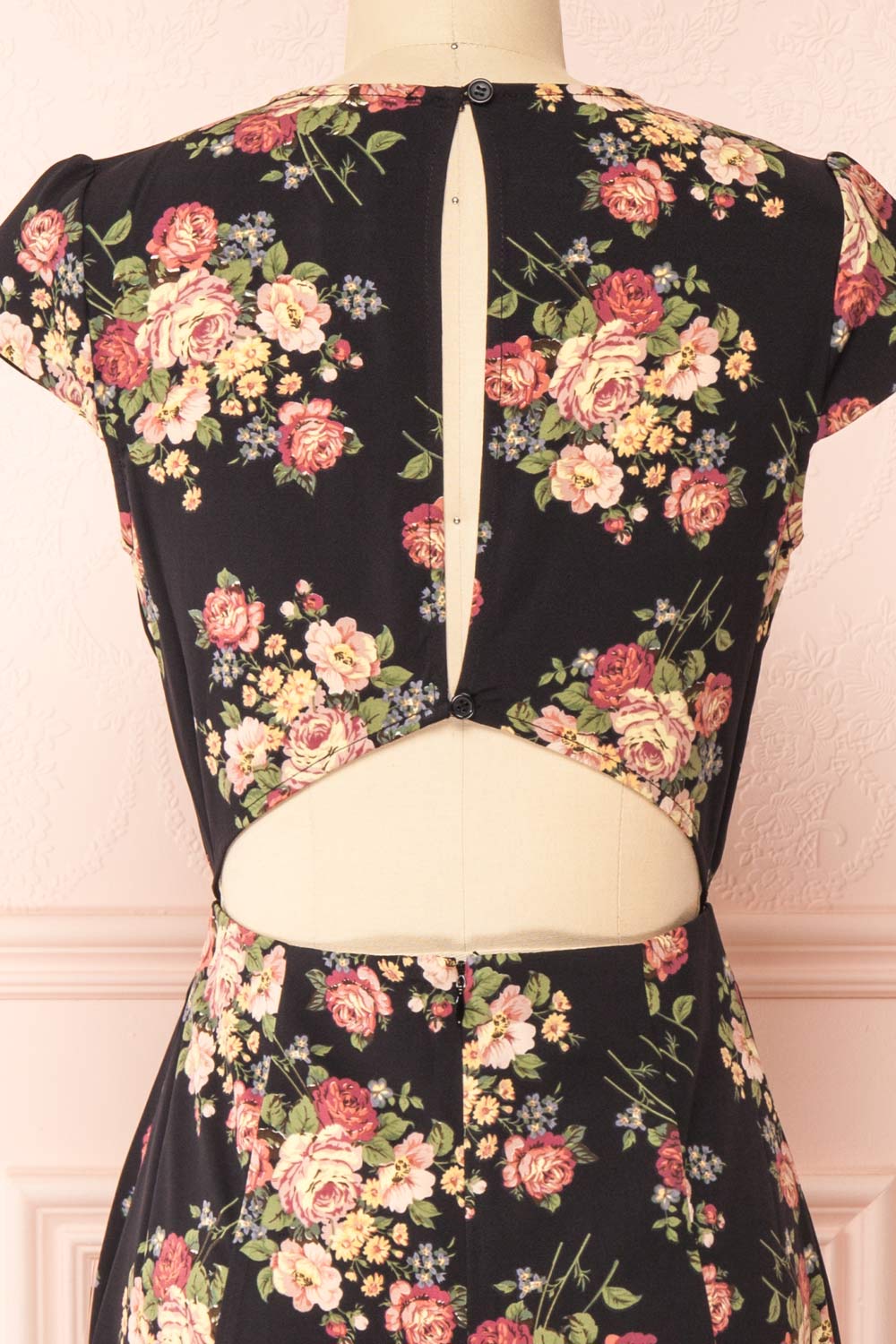 Armal Black Floral A-Line Midi Dress w/ Open Back | Boutique 1861 back close-up