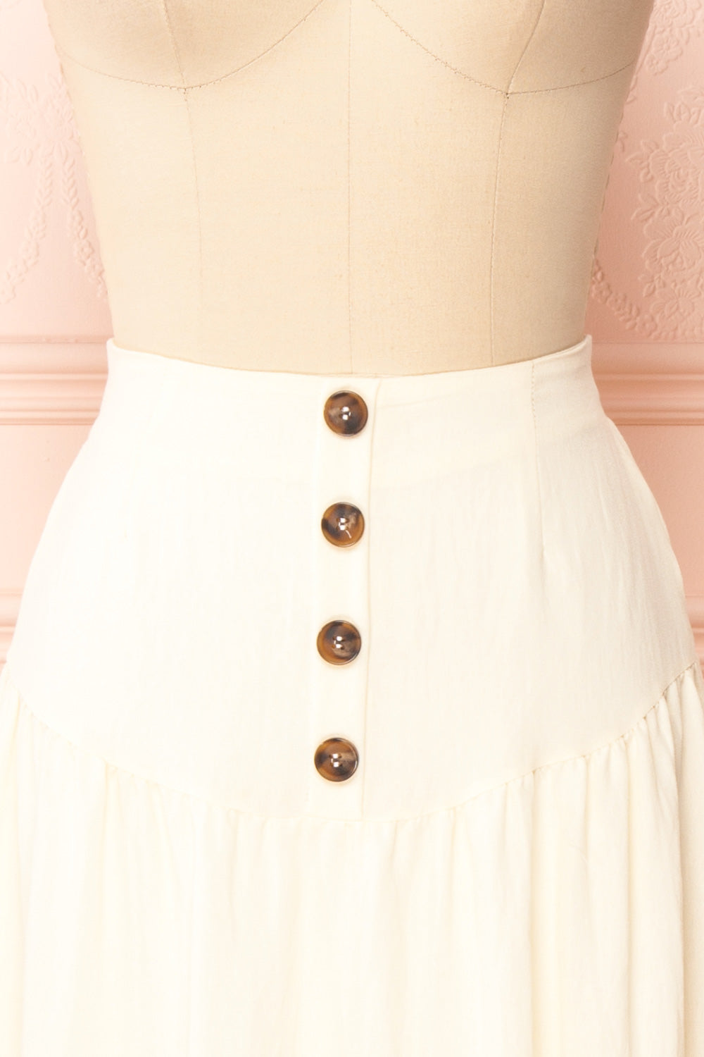 Arouette Beige Butonned Tiered Midi Skirt | Boutique 1861 front close-up