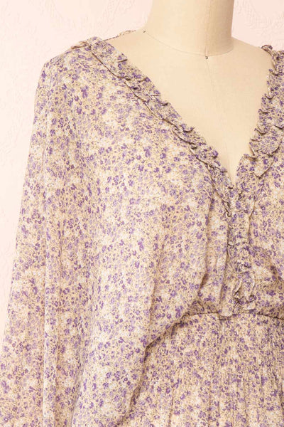 Artem Blue Long Sleeve V-Neck Floral Dress | Boutique 1861 side close-up
