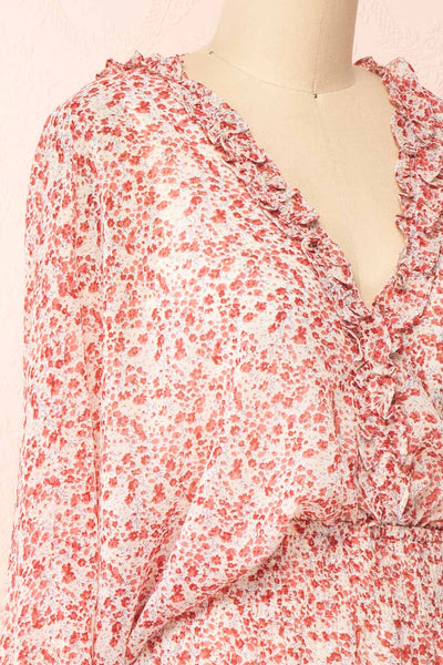 Artem Red Long Sleeve V-Neck Floral Dress | Boutique 1861 side close-up
