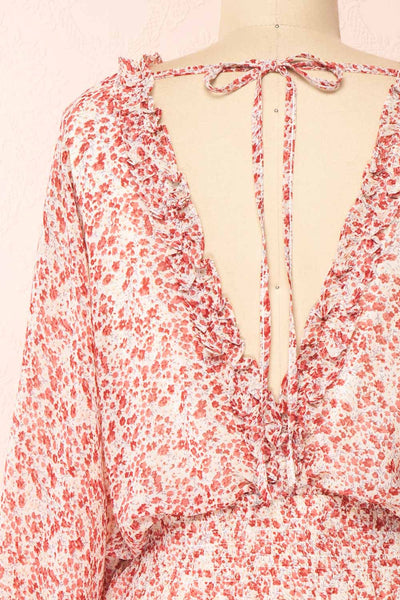 Artem Red Long Sleeve V-Neck Floral Dress | Boutique 1861 back close-up