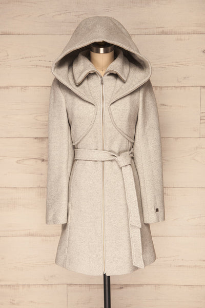 Arya Grey Wool Hooded Soia&Kyo Trench Coat front view hood up | La Petite Garçonne
