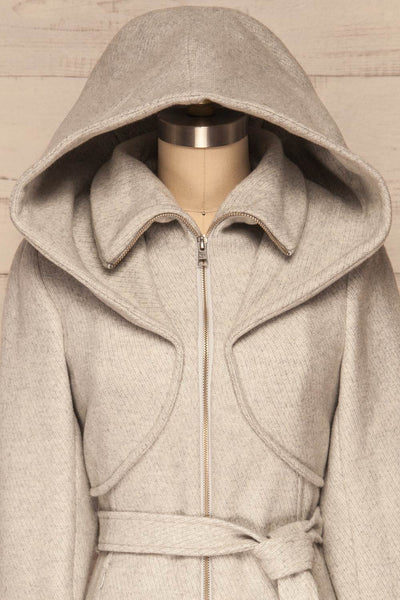 Arya Grey Wool Hooded Soia&Kyo Trench Coat front close up hood up | La Petite Garçonne