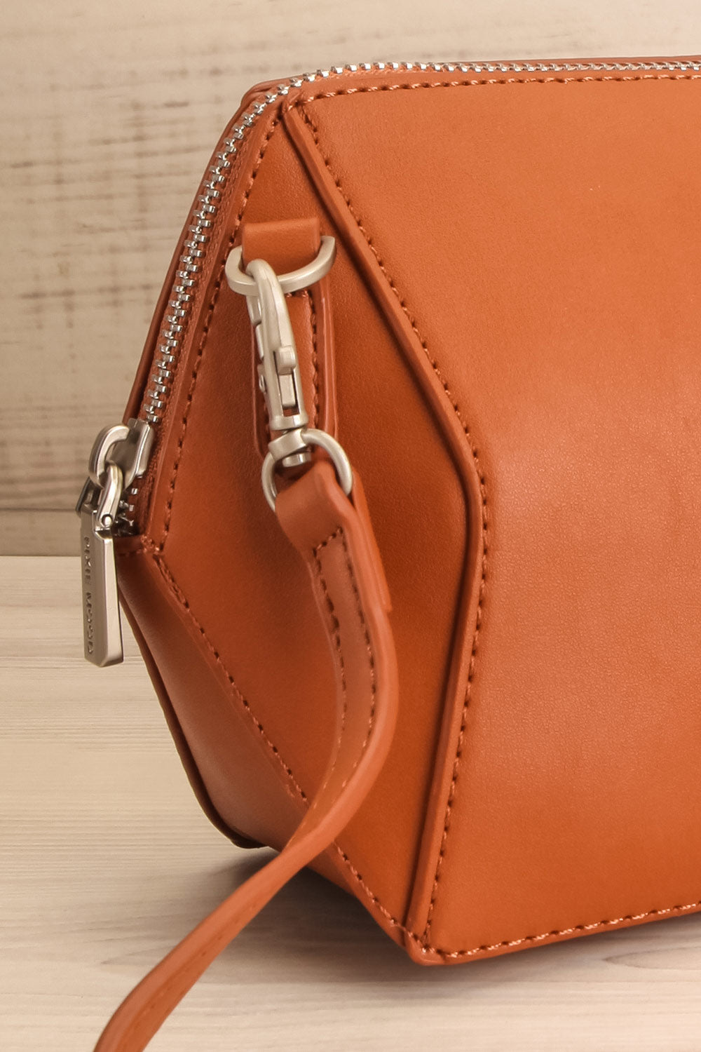Ashton Cognac Faux-Leather Pixie Mood Handbag side close-up | La Petite Garçonne