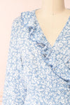 Aslaug Blue Floral Wrap Dress w/ Ruffles | Boutique 1861 front close-up