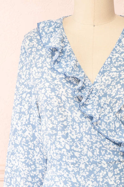 Aslaug Blue Floral Wrap Dress w/ Ruffles | Boutique 1861 front close-up
