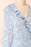 Aslaug Blue Floral Wrap Dress w/ Ruffles | Boutique 1861 side close-up