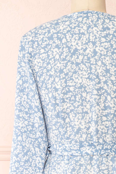 Aslaug Blue Floral Wrap Dress w/ Ruffles | Boutique 1861 back close-up