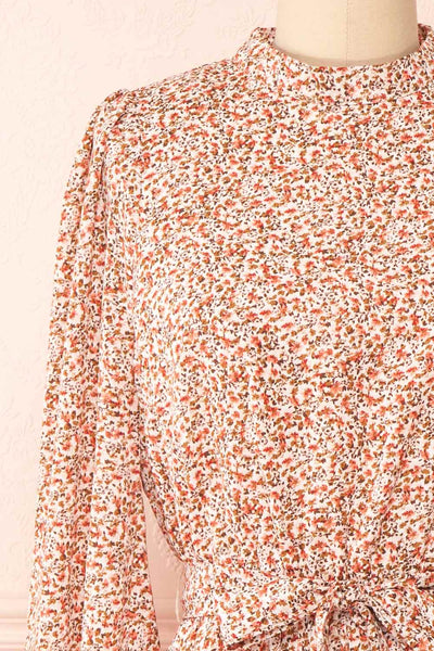 Asma Short Floral Dress w/ High Collar | Boutique 1861 front close-up