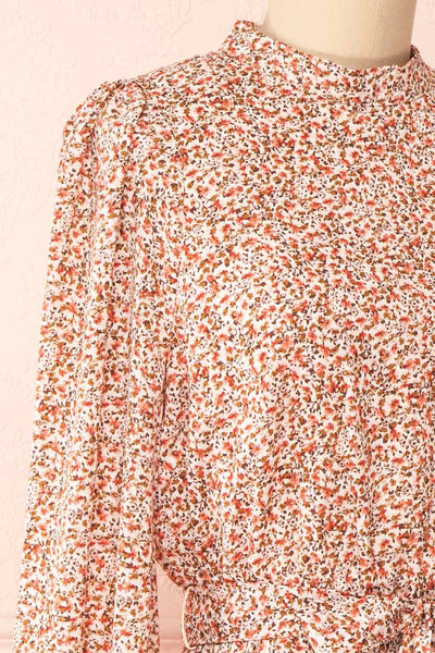 Asma Short Floral Dress w/ High Collar | Boutique 1861  side close-up